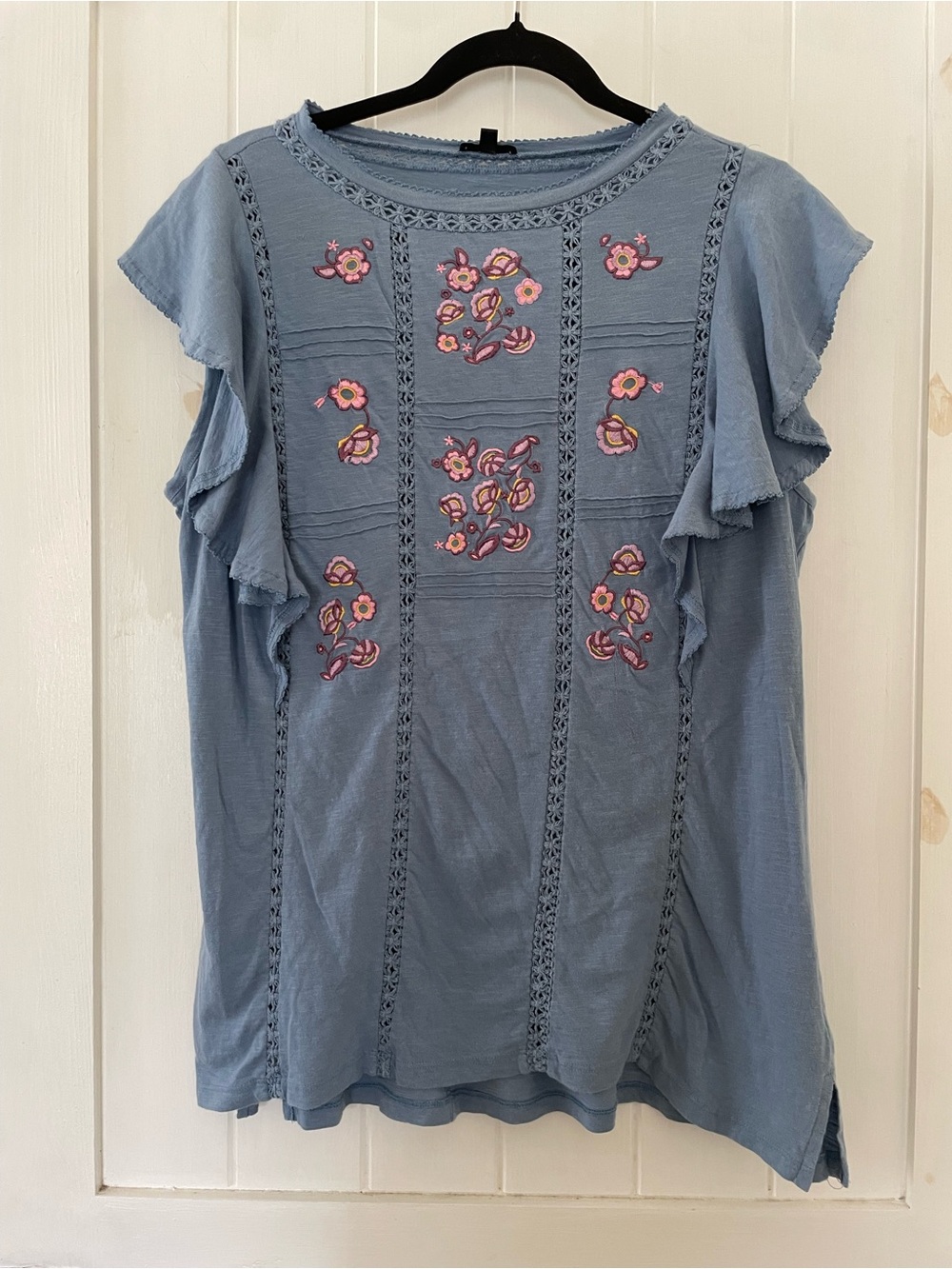Women’s Hanna Blue Floral Embroidered Cotton Top Blouse Flutter Sleeve Size XL